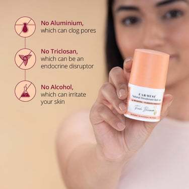 Carmesi Natural Underarm Roll On Deodorant for Women | 95% Natural + 5% Essential Ingredients | For Fresh Underarms | No Alcohol & Aluminium | Fresh Blossom | 50 ml